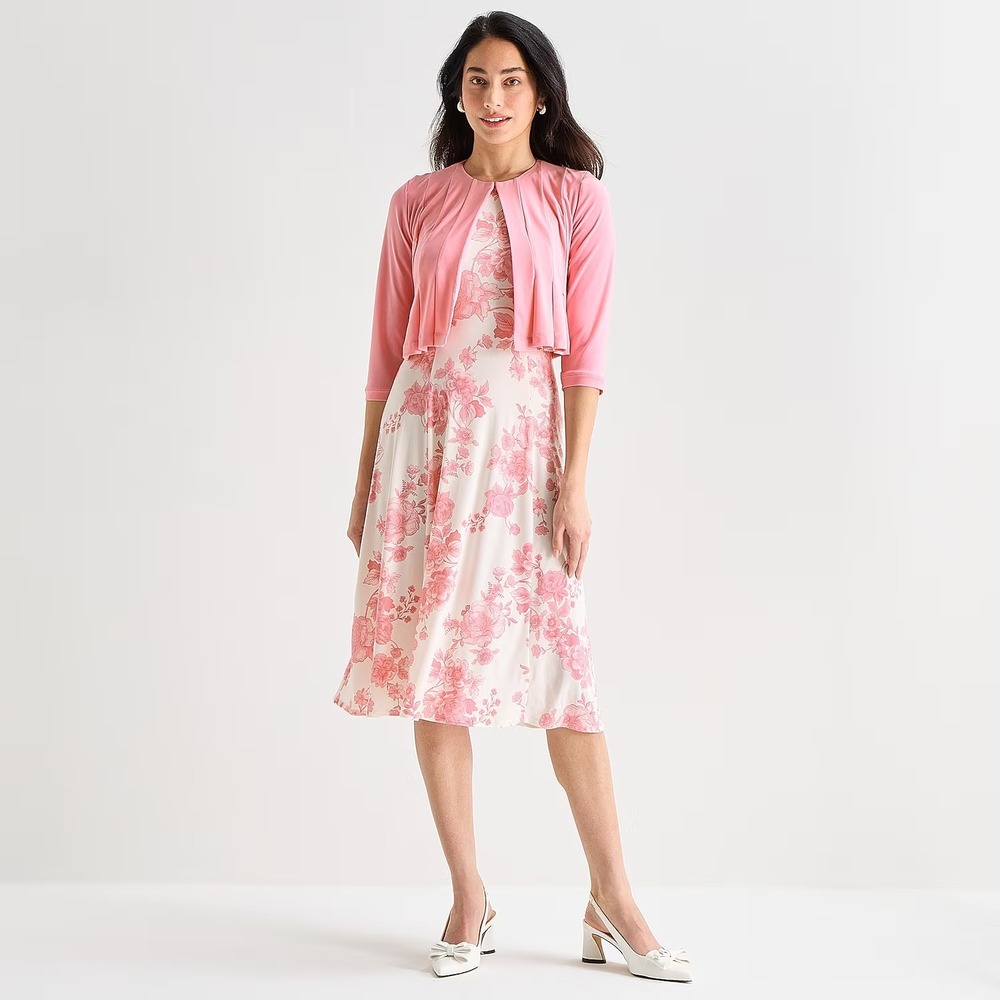 MSRP $84 Danny & Nicole Womens S Rose Ivory Floral 2 Piece Midi Jacket Dress
